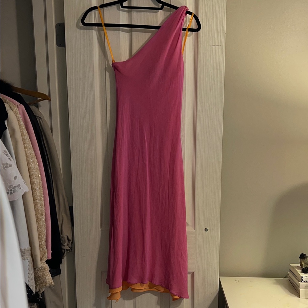 Express One-Shoulder Silk Dress in Pink and Orange